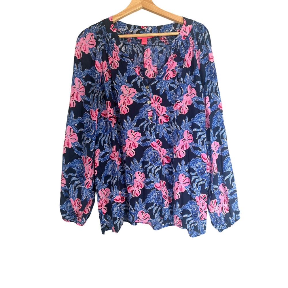 Lilly Pulitzer Elsa 100% Silk Blouse Top XXL Low Tide Navy Colorful Tropical - Picture 2 of 12